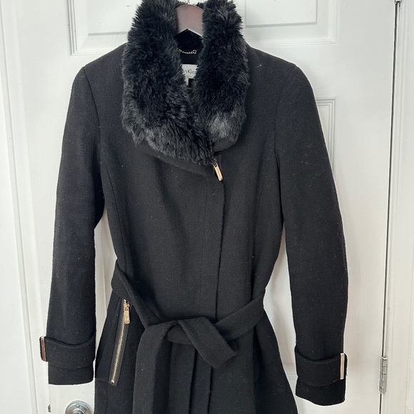 Calvin Klein | Wool Blend Belted Coat | Black | Size 6 - Picture 1 of 7